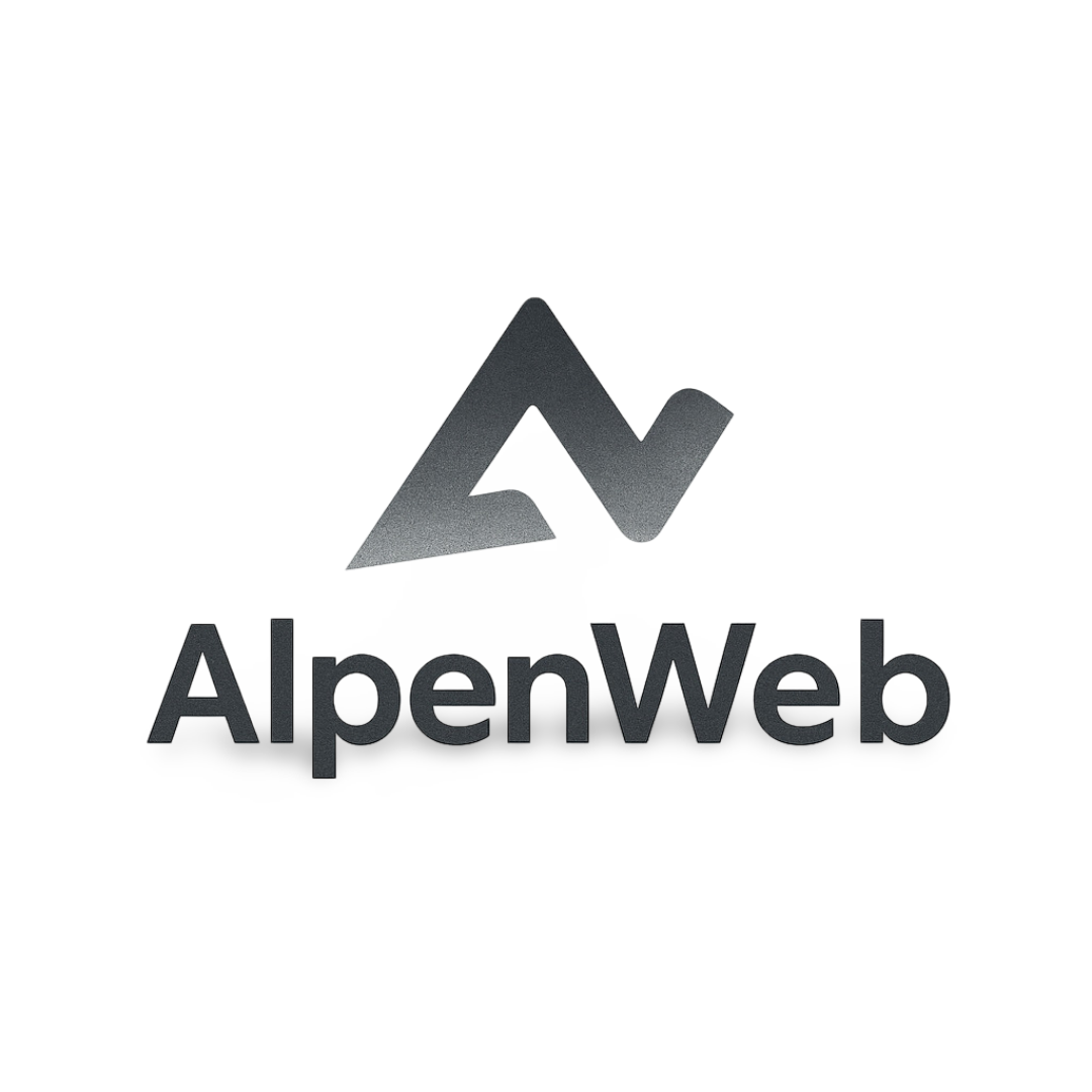 Schriftzug und Logo von "AlpenWeb" mit stilisiertem Bergsymbol.