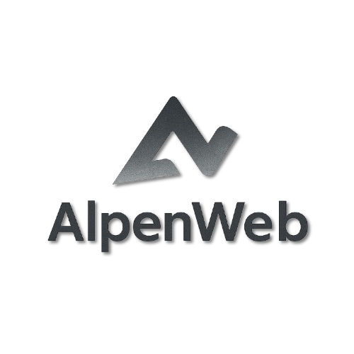 Schriftzug und Logo von "AlpenWeb" mit stilisiertem Bergsymbol.