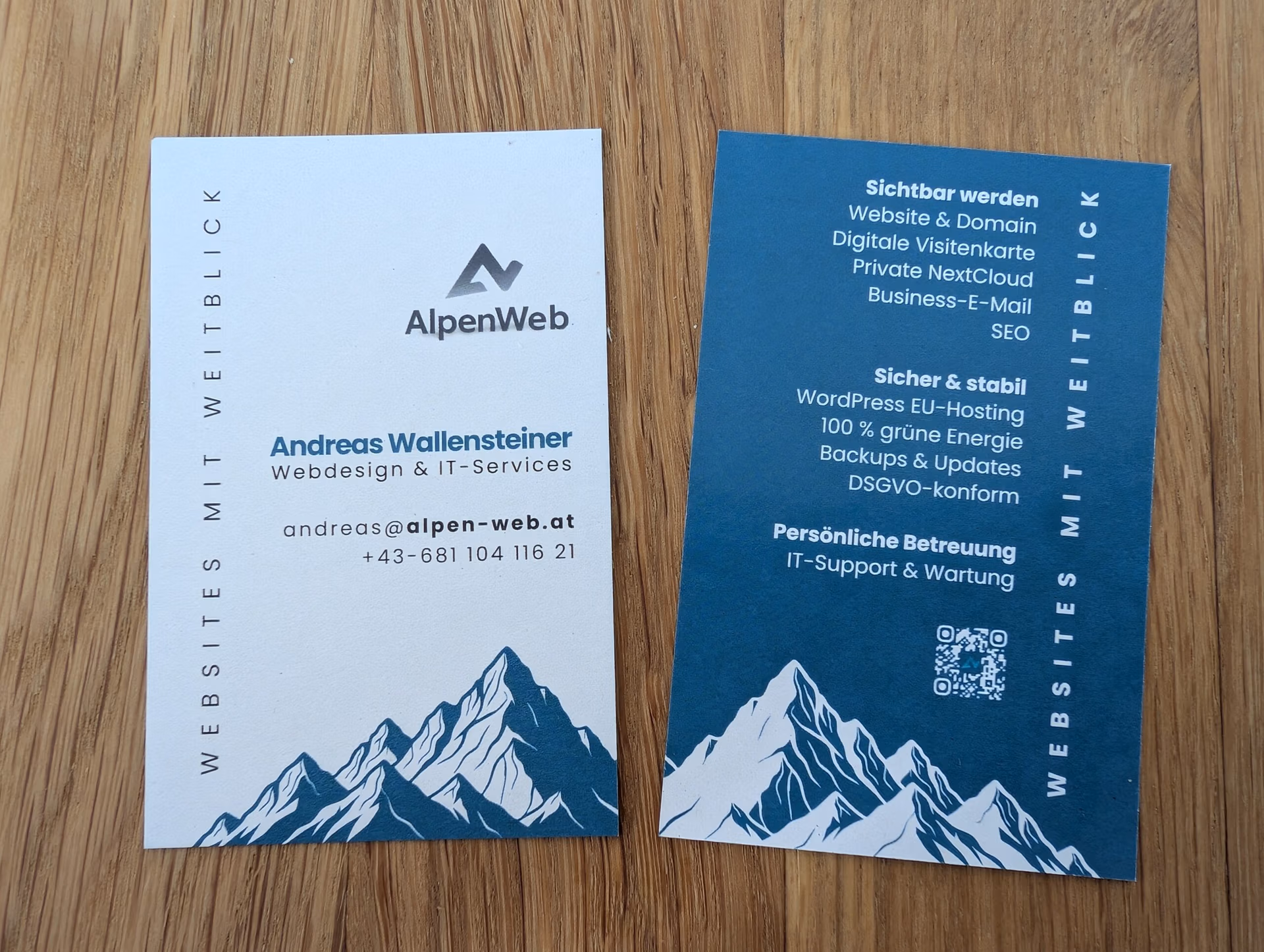 Alpen-Web Visitenkarte, Vorder- und Rückseite