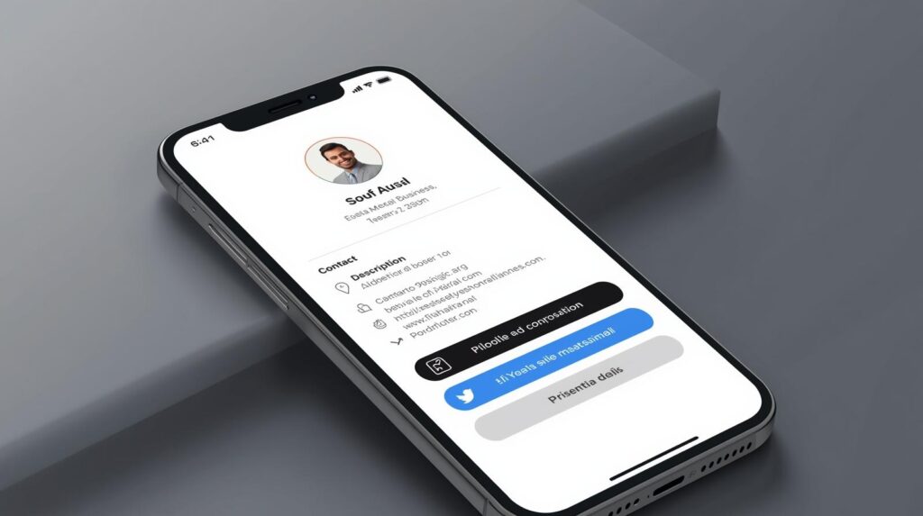 Bild eines Smartphones, mit Darstellung einer digitalen Visitenkarte am Display