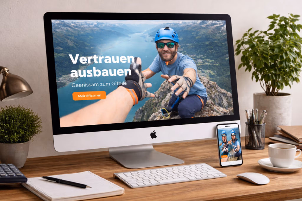 Monitor auf einem Schreibtisch welcher ein das Mockup einer Website darstellt.