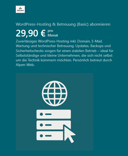 Alpen-Web WordPress-Hosting & Betreuung (Basic), 29,90 Euro pro Monat – Checkout-Ansicht mit Kurzbeschreibung